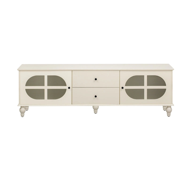Meuble TV minimaliste moderne avec 2 placards de rangement, 2 tiroirs et système de gestion des câbles pour salon ou chambre.