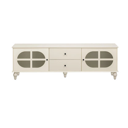 Meuble TV minimaliste moderne avec 2 placards de rangement, 2 tiroirs et système de gestion des câbles pour salon ou chambre.