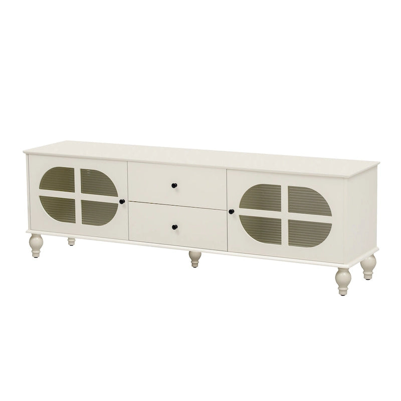 Meuble TV minimaliste moderne avec 2 placards de rangement, 2 tiroirs et système de gestion des câbles pour salon ou chambre.
