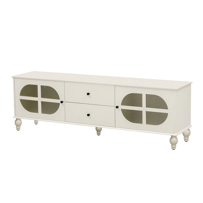 Meuble TV minimaliste moderne avec 2 placards de rangement, 2 tiroirs et système de gestion des câbles pour salon ou chambre.