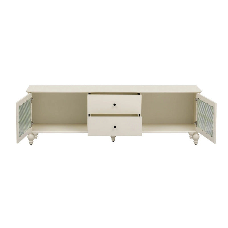 Meuble TV minimaliste moderne avec 2 placards de rangement, 2 tiroirs et système de gestion des câbles pour salon ou chambre.