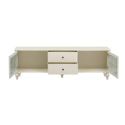 Meuble TV minimaliste moderne avec 2 placards de rangement, 2 tiroirs et système de gestion des câbles pour salon ou chambre.