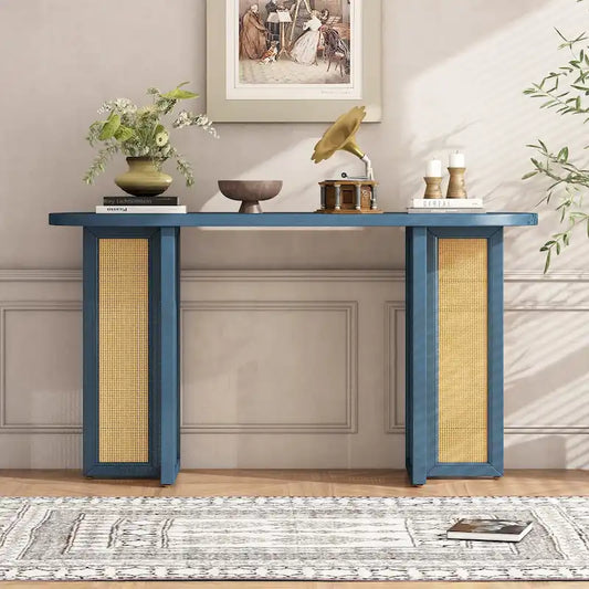 Console d'entrée en rotin style ferme, bleu marine