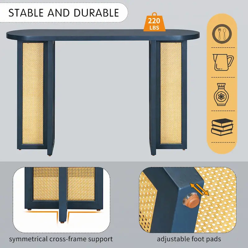 Console d'entrée en rotin style ferme, bleu marine