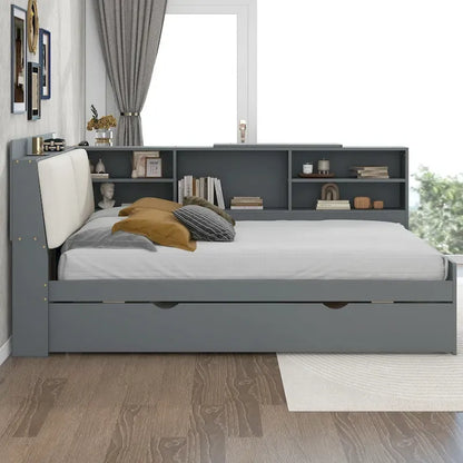 Lit de jour moderne avec rangement intégré, cadre en bois, lit plateforme, lit gigogne, tête de lit rembourrée et étagères. Sommier non requis.