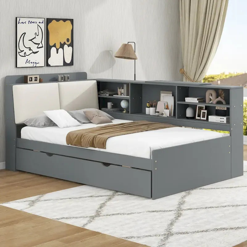 Lit de jour moderne avec rangement intégré, cadre en bois, lit plateforme, lit gigogne, tête de lit rembourrée et étagères. Sommier non requis.