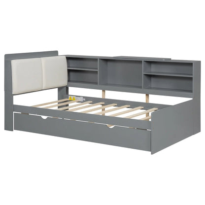 Lit de jour moderne avec rangement intégré, cadre en bois, lit plateforme, lit gigogne, tête de lit rembourrée et étagères. Sommier non requis.