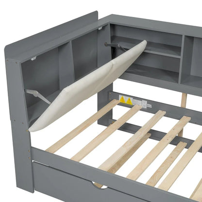 Lit de jour moderne avec rangement intégré, cadre en bois, lit plateforme, lit gigogne, tête de lit rembourrée et étagères. Sommier non requis.