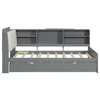 Lit de jour moderne avec rangement intégré, cadre en bois, lit plateforme, lit gigogne, tête de lit rembourrée et étagères. Sommier non requis.