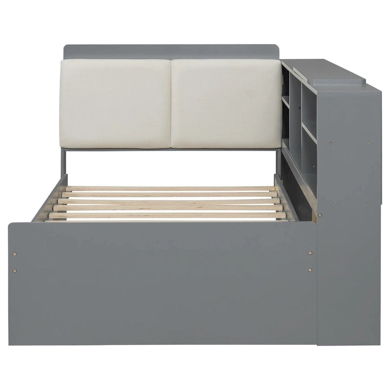 Lit de jour moderne avec rangement intégré, cadre en bois, lit plateforme, lit gigogne, tête de lit rembourrée et étagères. Sommier non requis.