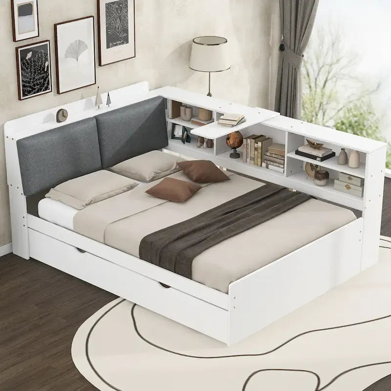 Lit de jour moderne avec rangement intégré, cadre en bois, lit plateforme, lit gigogne, tête de lit rembourrée et étagères. Sommier non requis.