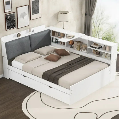 Lit de jour moderne avec rangement intégré, cadre en bois, lit plateforme, lit gigogne, tête de lit rembourrée et étagères. Sommier non requis.