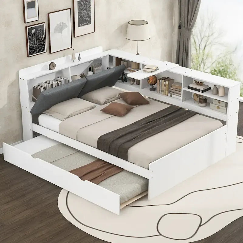 Lit de jour moderne avec rangement intégré, cadre en bois, lit plateforme, lit gigogne, tête de lit rembourrée et étagères. Sommier non requis.