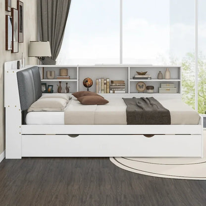Lit de jour moderne avec rangement intégré, cadre en bois, lit plateforme, lit gigogne, tête de lit rembourrée et étagères. Sommier non requis.