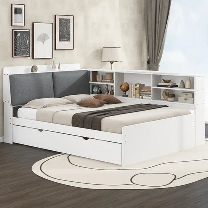 Lit de jour moderne avec rangement intégré, cadre en bois, lit plateforme, lit gigogne, tête de lit rembourrée et étagères. Sommier non requis.