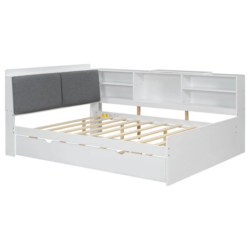 Lit de jour moderne avec rangement intégré, cadre en bois, lit plateforme, lit gigogne, tête de lit rembourrée et étagères. Sommier non requis.