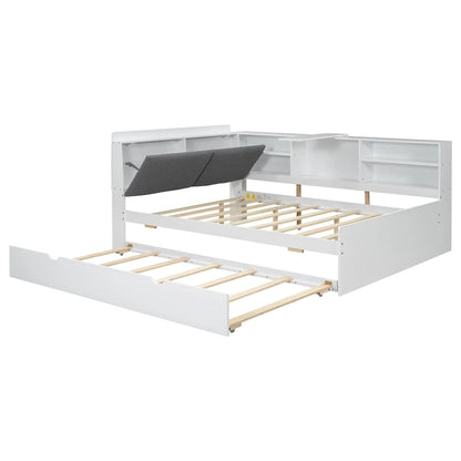 Lit de jour moderne avec rangement intégré, cadre en bois, lit plateforme, lit gigogne, tête de lit rembourrée et étagères. Sommier non requis.