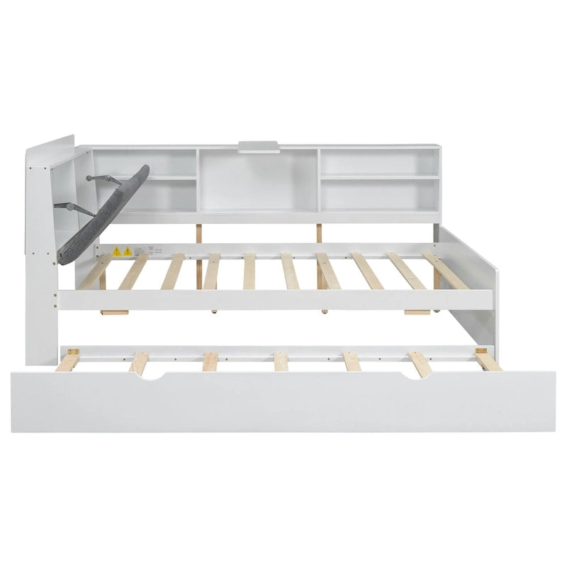 Lit de jour moderne avec rangement intégré, cadre en bois, lit plateforme, lit gigogne, tête de lit rembourrée et étagères. Sommier non requis.