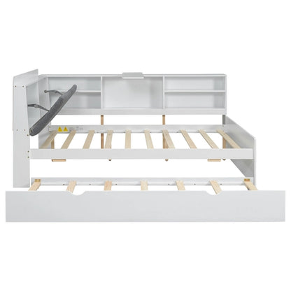 Lit de jour moderne avec rangement intégré, cadre en bois, lit plateforme, lit gigogne, tête de lit rembourrée et étagères. Sommier non requis.
