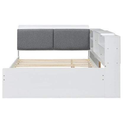 Lit de jour moderne avec rangement intégré, cadre en bois, lit plateforme, lit gigogne, tête de lit rembourrée et étagères. Sommier non requis.