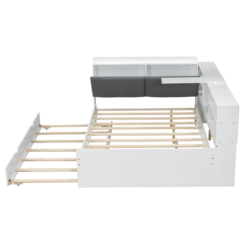 Lit de jour moderne avec rangement intégré, cadre en bois, lit plateforme, lit gigogne, tête de lit rembourrée et étagères. Sommier non requis.