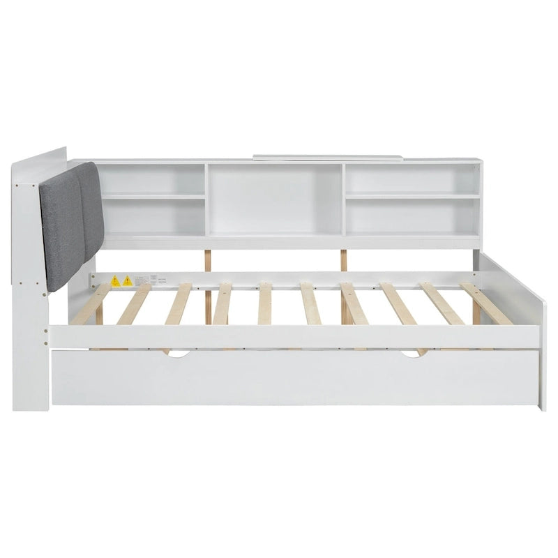 Lit de jour moderne avec rangement intégré, cadre en bois, lit plateforme, lit gigogne, tête de lit rembourrée et étagères. Sommier non requis.