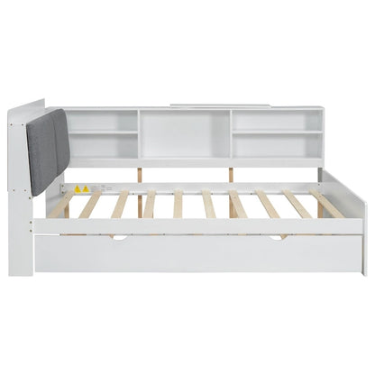Lit de jour moderne avec rangement intégré, cadre en bois, lit plateforme, lit gigogne, tête de lit rembourrée et étagères. Sommier non requis.
