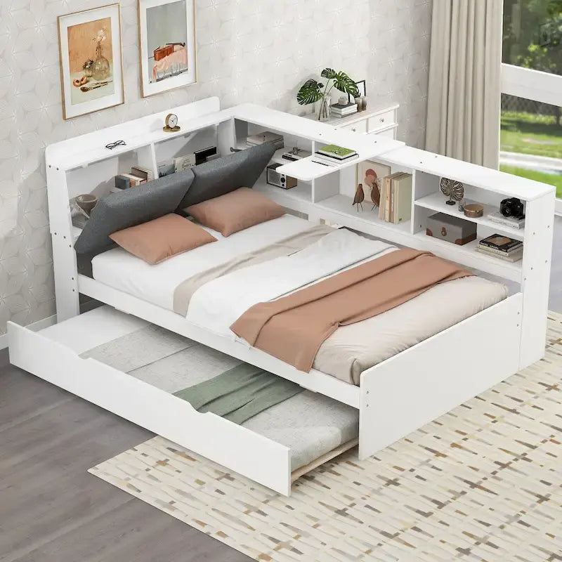 Lit de jour moderne avec rangement intégré, cadre en bois, lit plateforme, lit gigogne, tête de lit rembourrée et étagères. Sommier non requis.
