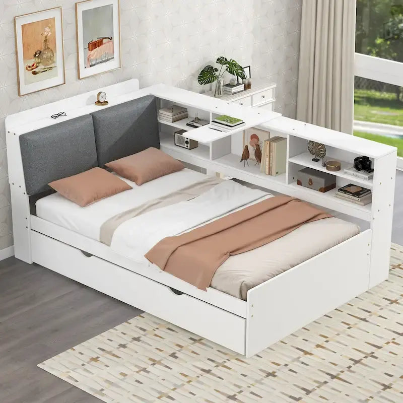 Lit de jour moderne avec rangement intégré, cadre en bois, lit plateforme, lit gigogne, tête de lit rembourrée et étagères. Sommier non requis.