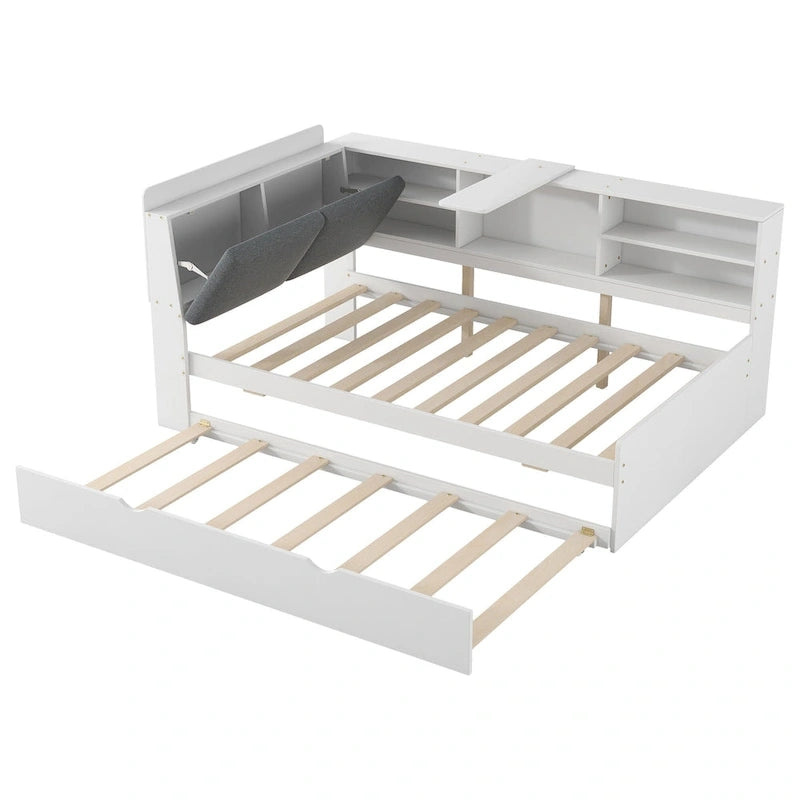Lit de jour moderne avec rangement intégré, cadre en bois, lit plateforme, lit gigogne, tête de lit rembourrée et étagères. Sommier non requis.
