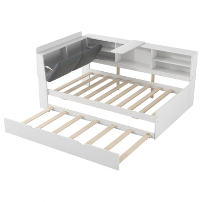 Lit de jour moderne avec rangement intégré, cadre en bois, lit plateforme, lit gigogne, tête de lit rembourrée et étagères. Sommier non requis.