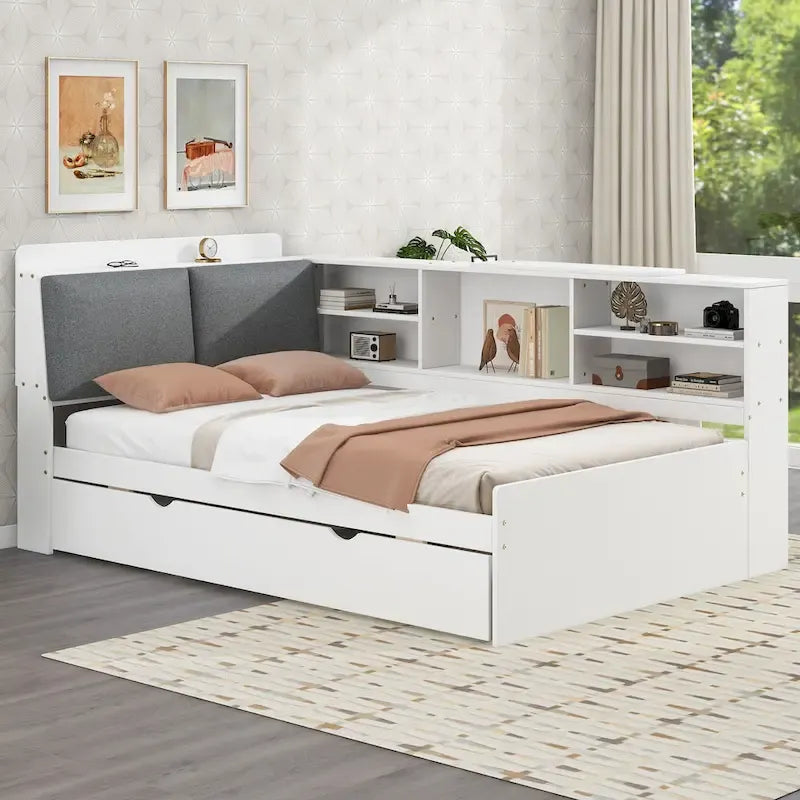 Lit de jour moderne avec rangement intégré, cadre en bois, lit plateforme, lit gigogne, tête de lit rembourrée et étagères. Sommier non requis.