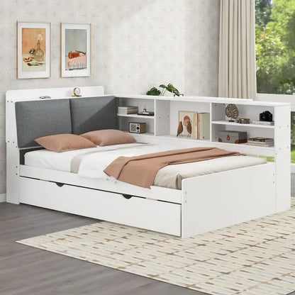 Lit de jour moderne avec rangement intégré, cadre en bois, lit plateforme, lit gigogne, tête de lit rembourrée et étagères. Sommier non requis.