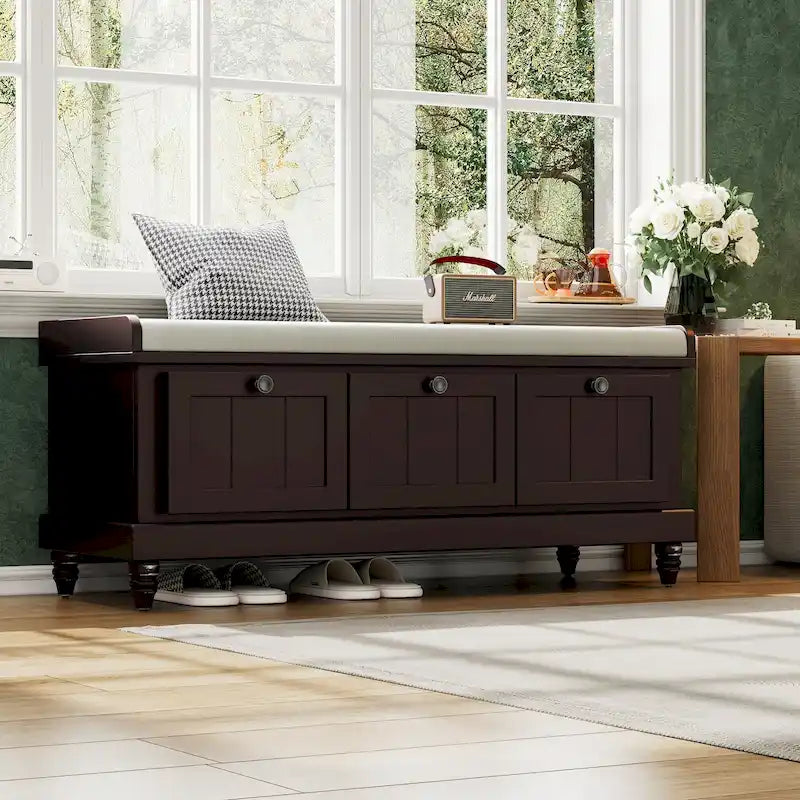 Banc à chaussures classique cannelé avec coussin et 3 tiroirs