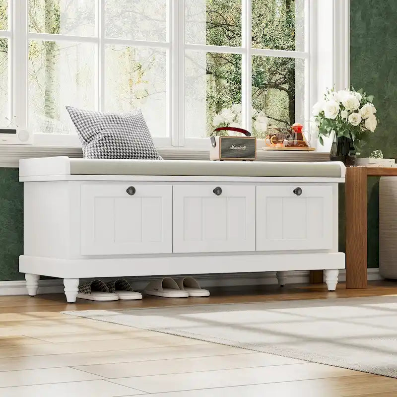 Banc à chaussures classique cannelé avec coussin et 3 tiroirs