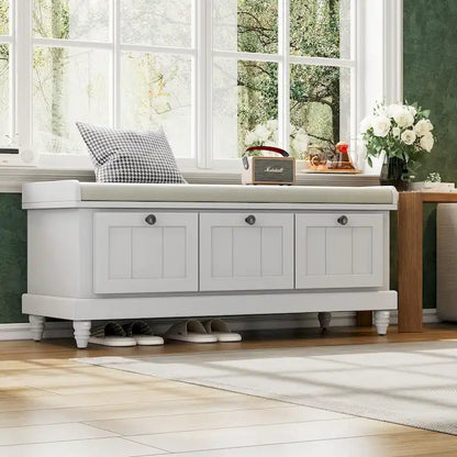 Banc à chaussures classique cannelé avec coussin et 3 tiroirs