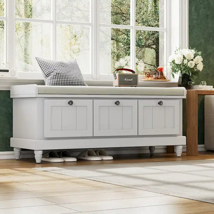 Banc à chaussures classique cannelé avec coussin et 3 tiroirs