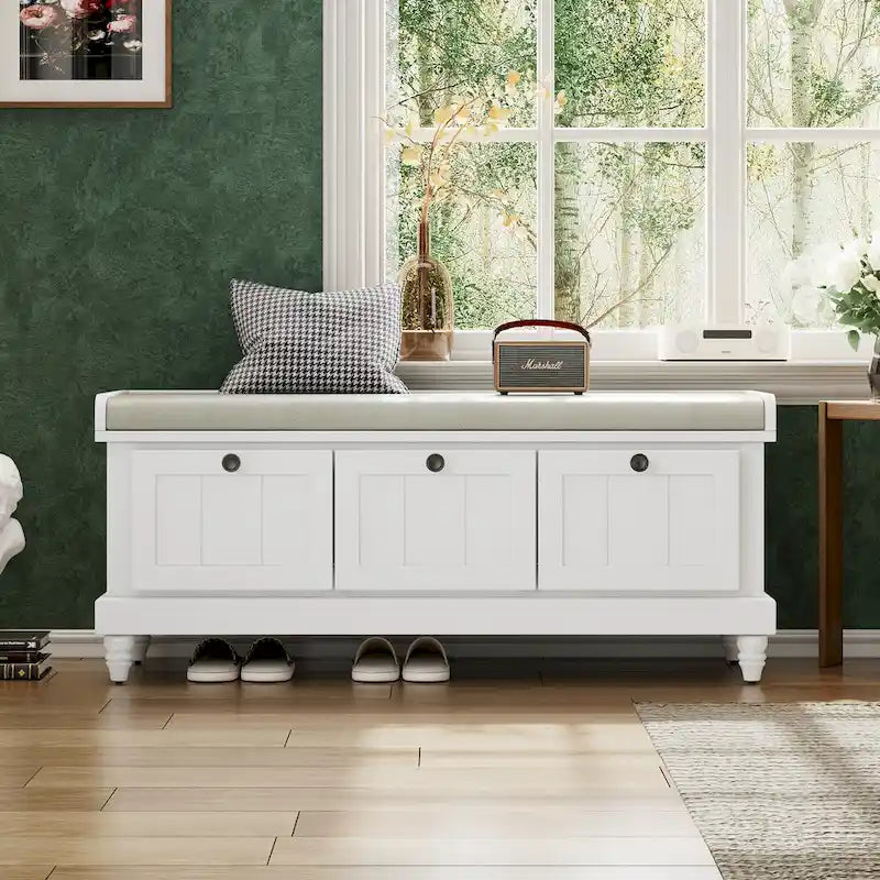 Banc à chaussures classique cannelé avec coussin et 3 tiroirs