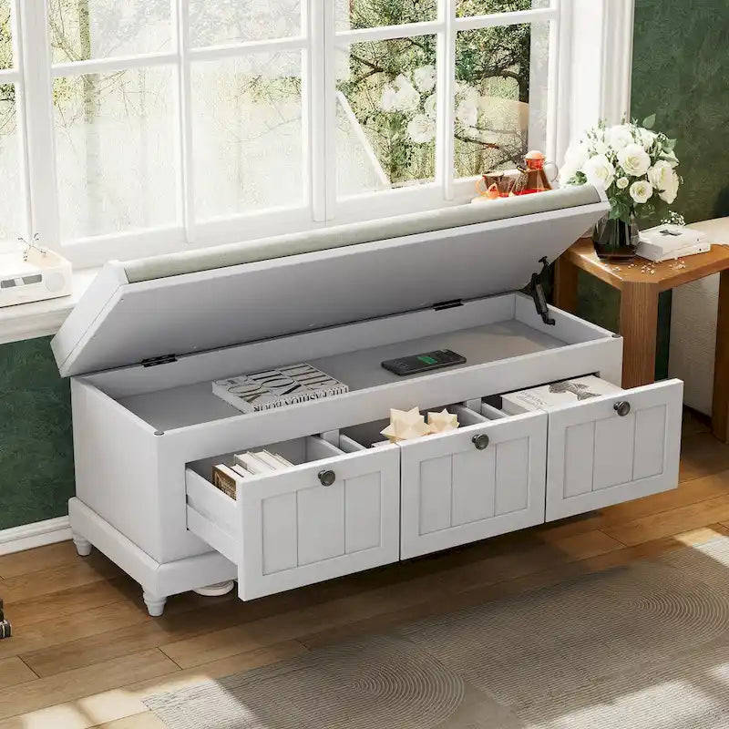 Banc à chaussures classique cannelé avec coussin et 3 tiroirs