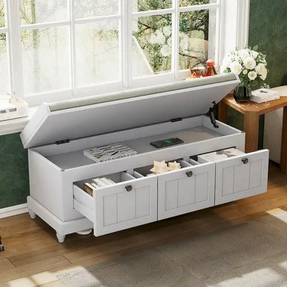Banc à chaussures classique cannelé avec coussin et 3 tiroirs