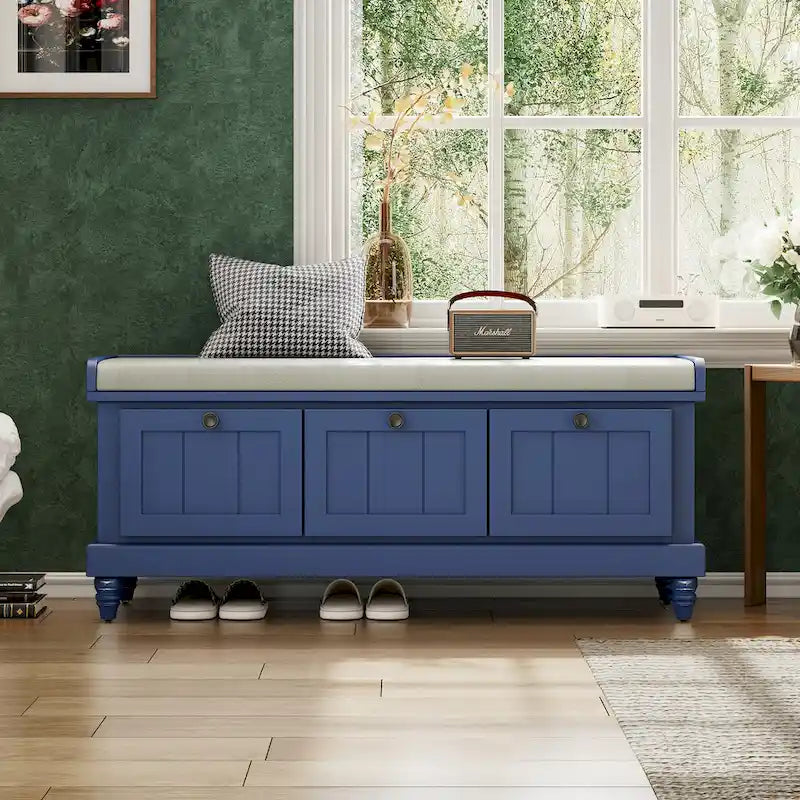 Banc à chaussures classique cannelé avec coussin et 3 tiroirs