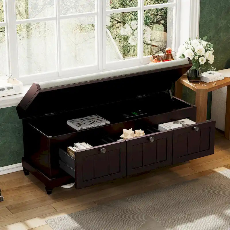 Banc à chaussures classique cannelé avec coussin et 3 tiroirs