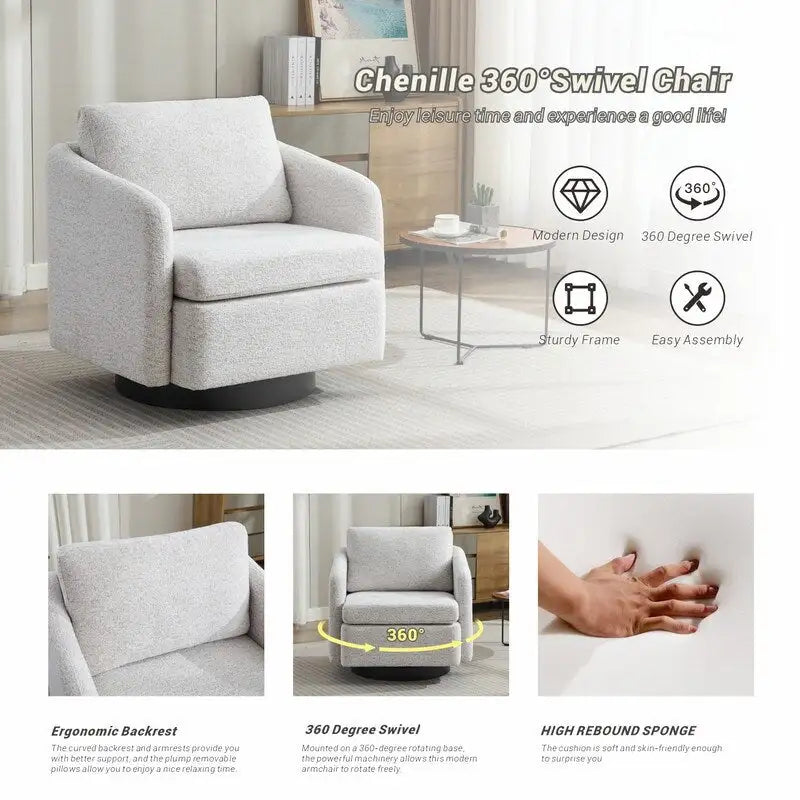 Fauteuil pivotant rembourré en chenille pour salon