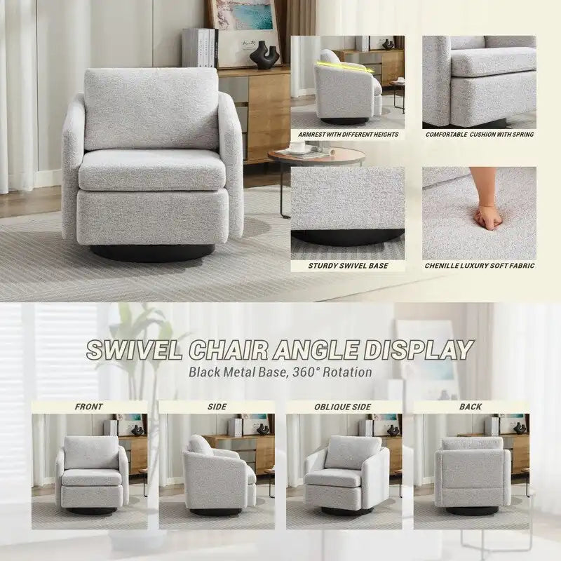 Fauteuil pivotant rembourré en chenille pour salon
