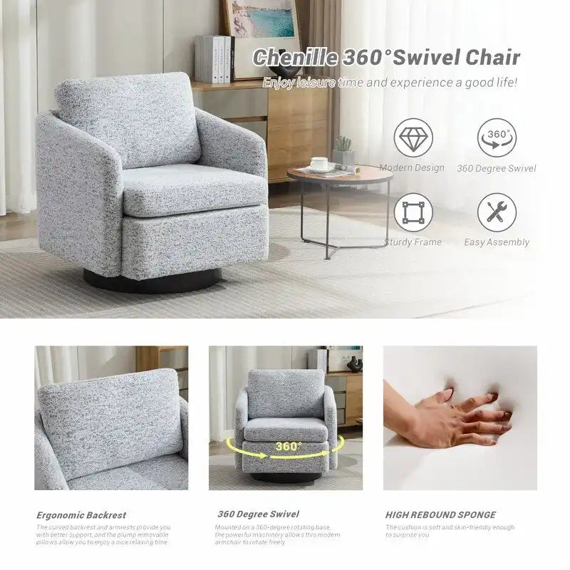 Fauteuil pivotant rembourré en chenille pour salon
