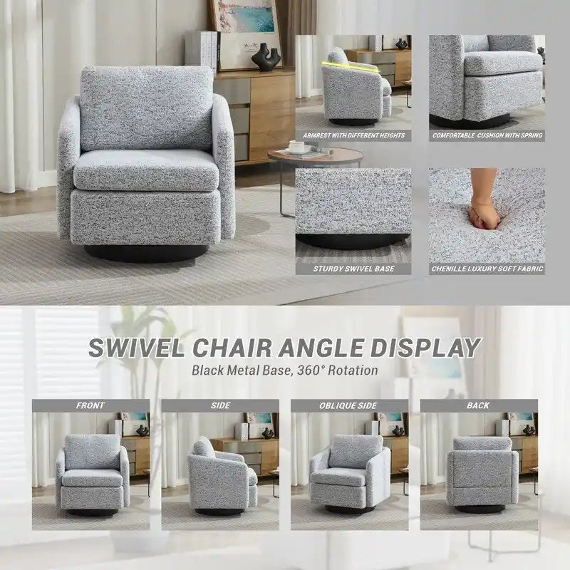 Fauteuil pivotant rembourré en chenille pour salon