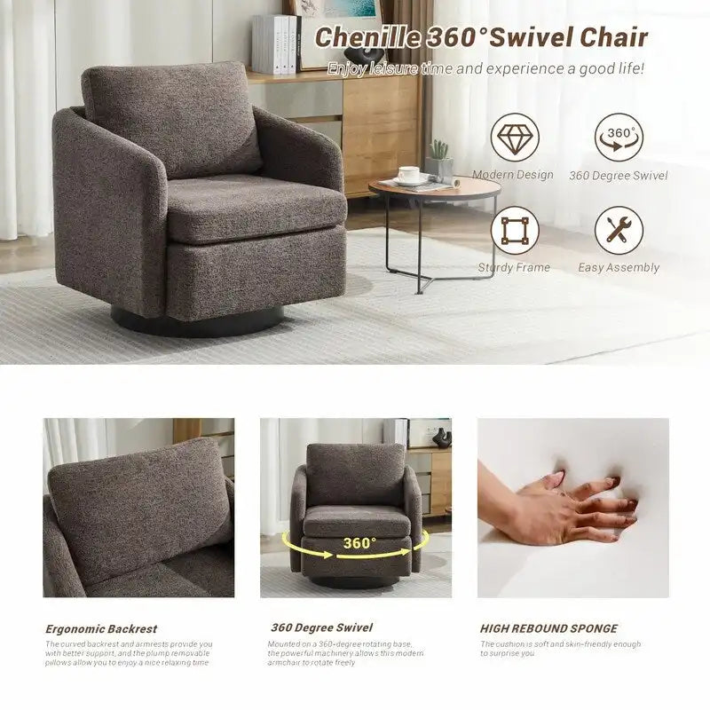 Fauteuil pivotant rembourré en chenille pour salon