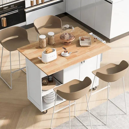 Îlot de cuisine avec plan de travail pliable, chariot de rangement avec étagère coulissante, porte-serviettes et tiroir, roulettes