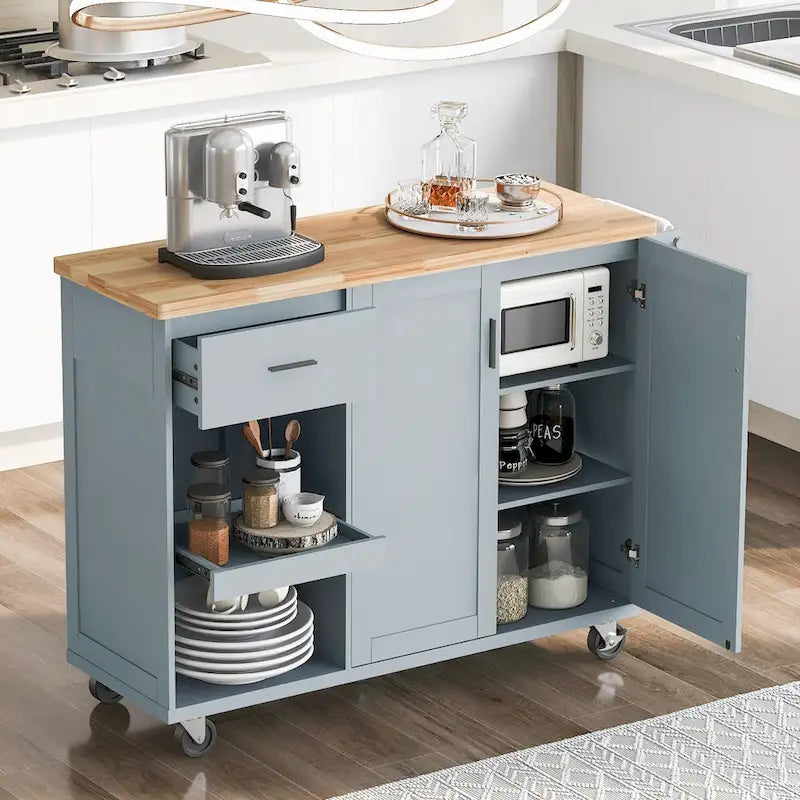 Îlot de cuisine avec plan de travail pliable, chariot de rangement avec étagère coulissante, porte-serviettes et tiroir, roulettes