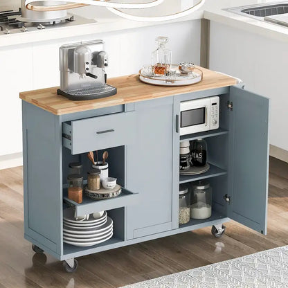 Îlot de cuisine avec plan de travail pliable, chariot de rangement avec étagère coulissante, porte-serviettes et tiroir, roulettes